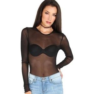 Women's Long Sleeve Slim Fit See Through Sheer Mesh Top Crew Neck Blouse